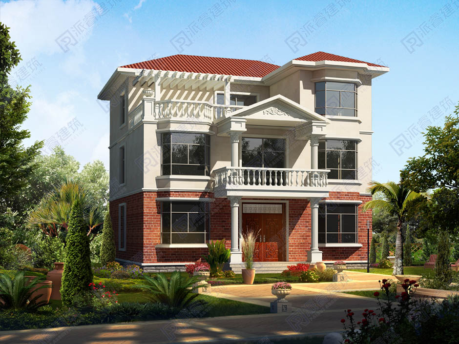 三层乡村自建别墅美式外观设计效果图带八角飘窗和屋顶花园,红白相间-PR208
