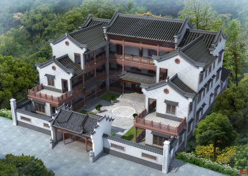 農村自建中式四合院別墅設計圖三層,前庭后院,雙拼戶型含外觀效果圖-PR513