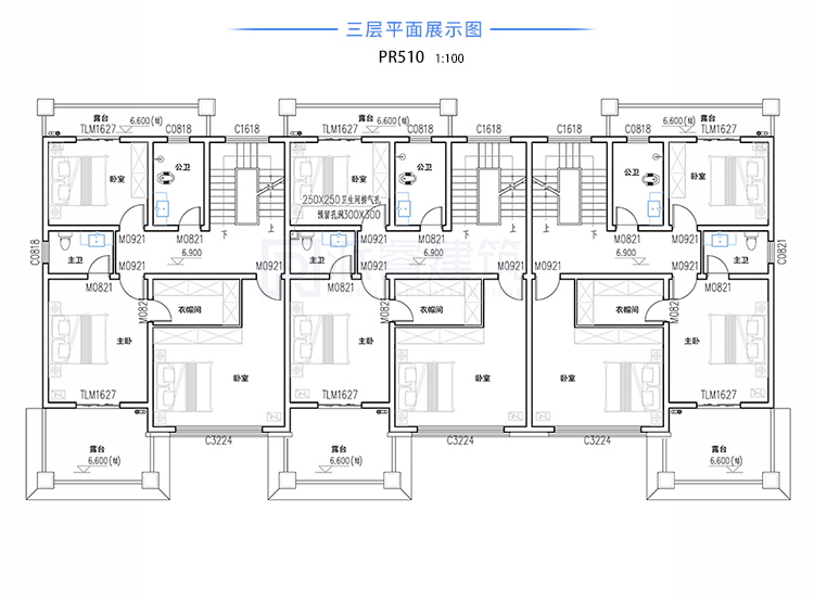 pr510-农村三拼别墅自建房设计图_法式洋房_四层叠拼别墅效果图