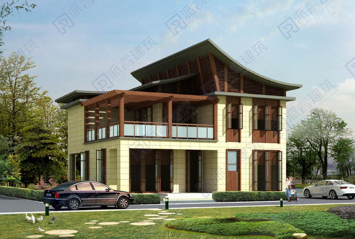 东南亚风格自建别墅外观效果图,造型新颖带超大露台,展现原木自然的热带风情-PR004
