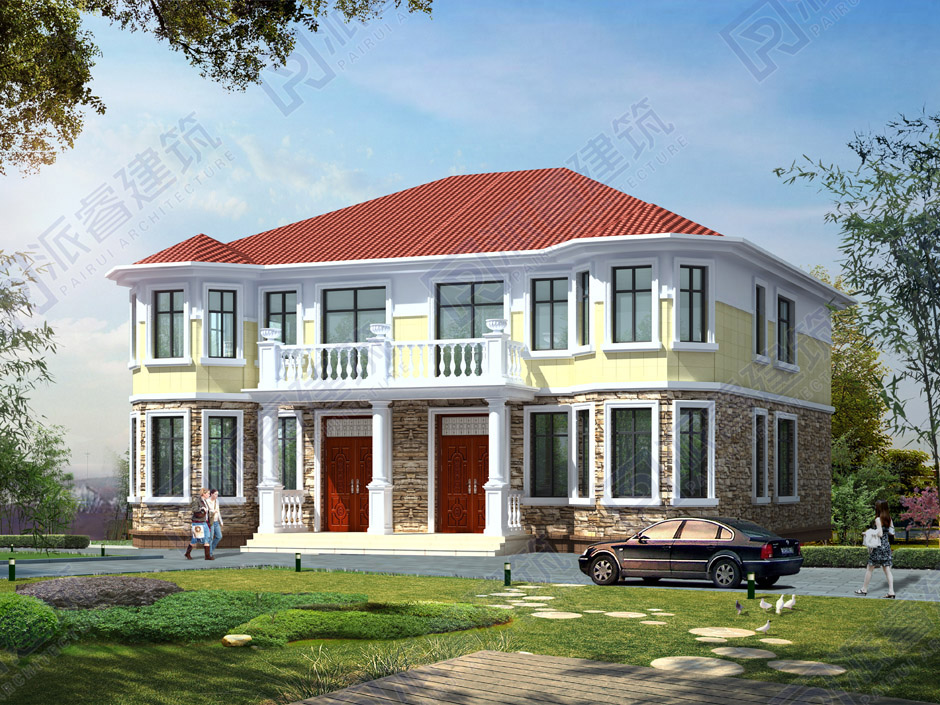 PR022-农村二层房屋设计图_占地220平美式风格_双拼别墅设计图