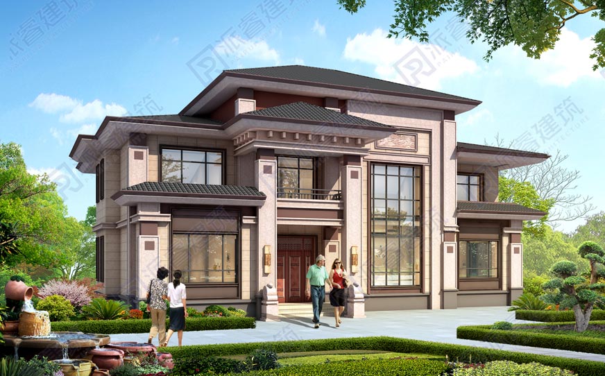 农村自建房设计图二层半新中式别墅设计图纸|四开间,复式客厅带堂屋效果图,恢宏大气-PR571