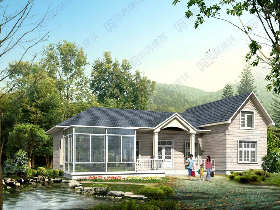 农村自建一层半美式乡村别墅设计外观效果图,适合做养老房-PR464