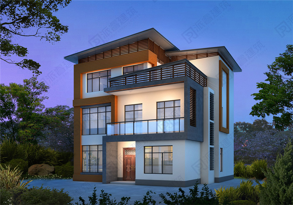 湖南永州-农村自己建别墅图纸,125平三层现代风格别墅外观效果图