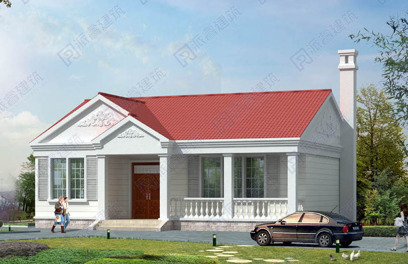 PR223-120平一层别墅设计图纸及效果图大全12米*10米三开间|红色屋顶外观-派睿建筑官网